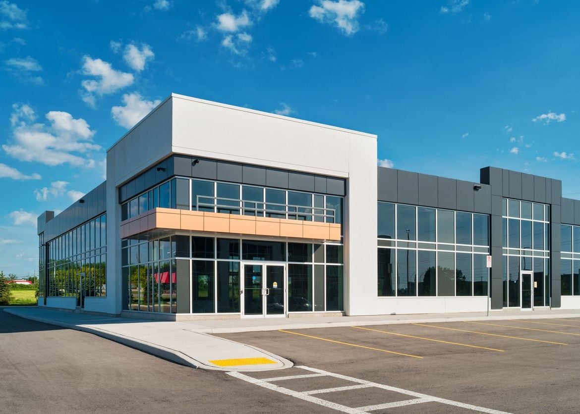 Exterior view of generic small office buildings in a business complex
